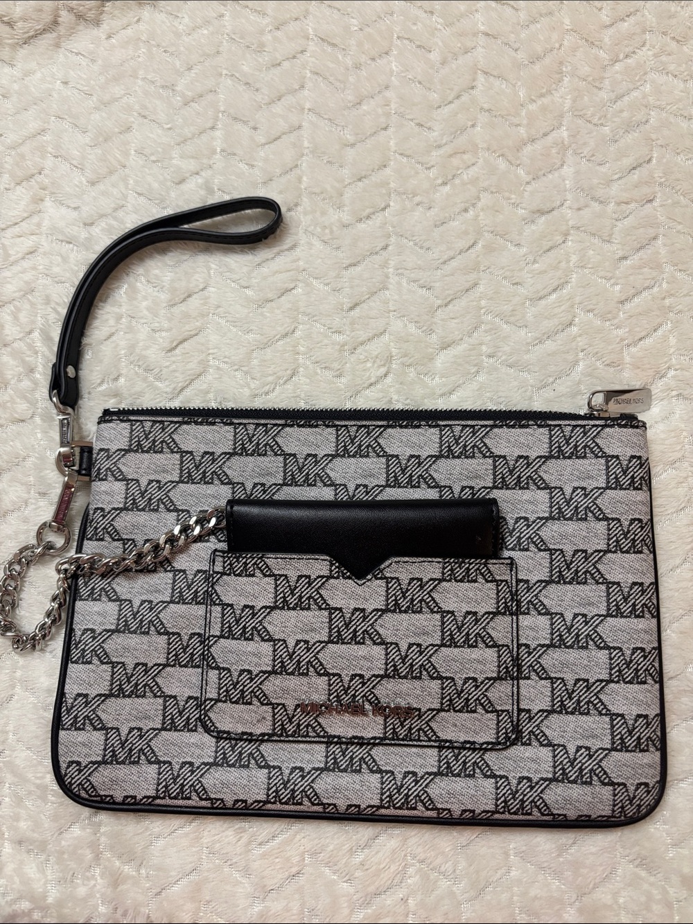 Michael Kors Black & White MK Logo Chain Wristlet Clutch